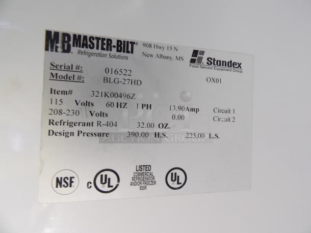 Standex BLG-27HD single glass reach-in freezer label. 115/220V, 1 phase, uses R-404 refrigerant. Powers on, doesn't cool.