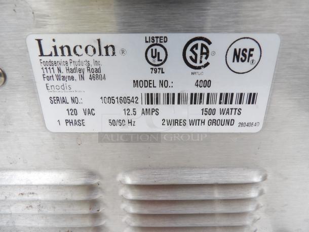 Lincoln Fresh-O-Matic 4000 Steamer, Model 4000, Serial No. 1005160542, 115v 1ph, 12.5 amps, 1500 watts, tested & working.
