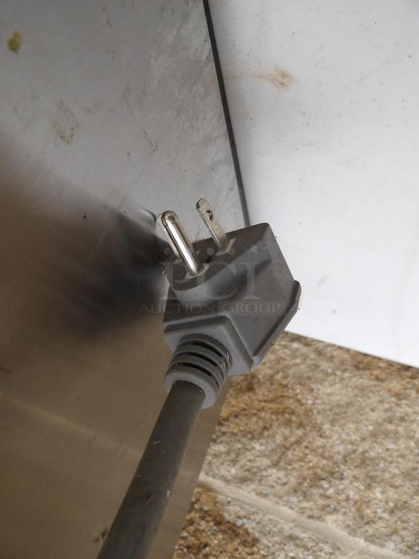 SolWave 180MWHD18 stainless-steel microwave plug and side panel, showing power cord for 208V-230V, 60Hz, 1 Phase connection.