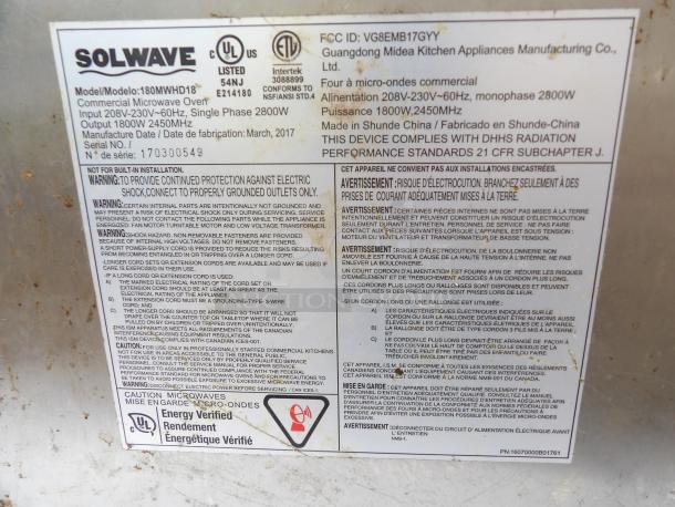 SolWave stainless steel microwave oven, model 180MWHD18, 208V-230V/60Hz, commercial use, UL-listed. Serial No. 170300549.