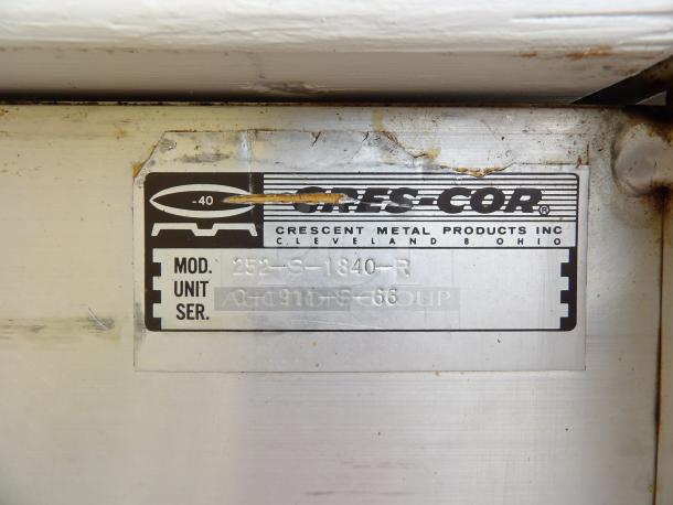 CresCor tray cart label showing model 252-S-1840-R, unit C-1911, serial S-66; metal surface with wear marks.