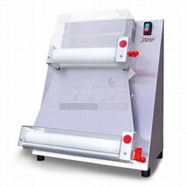 110V CE DR-IV Pizza Dough Roller Sheeter, commercial electric pastry press for 4-16 inch pizzas, adjustable thickness.