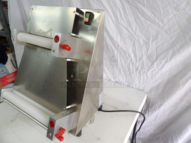 110V CE DR-IV pizza dough roller sheeter, stainless steel, adjustable dough thickness, for commercial kitchens.