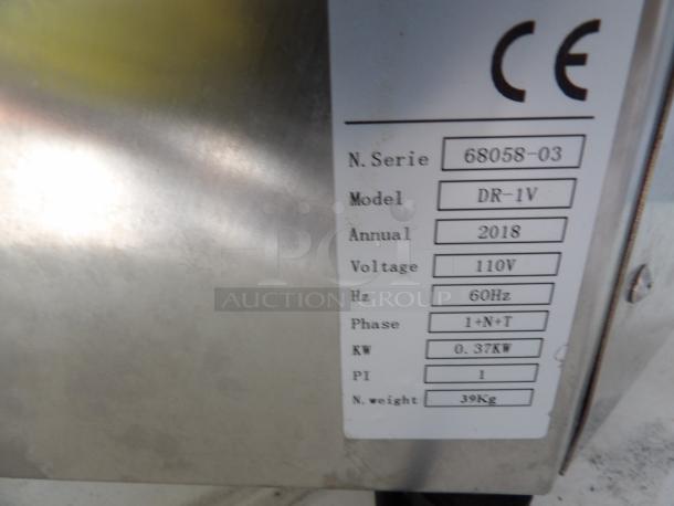 CE 110V Pizza Dough Roller Sheeter, Model DR-IV, label shows specs: 2018, 60Hz, 0.37KW, weight 39Kg.