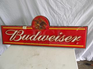 Budweiser Light Sign, red and yellow, 43x15 inches, did not light up when powered on. Features Budweiser logo.