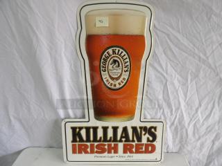 Metal sign featuring Kilian's Red design with pint glass graphic, 19x29 inches, vintage look, excellent condition.