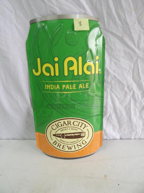 Jai Alai metal sign in green and orange, 22x26 inches, featuring "Jai Alai India Pale Ale" and "Cigar City Brewing" logos.