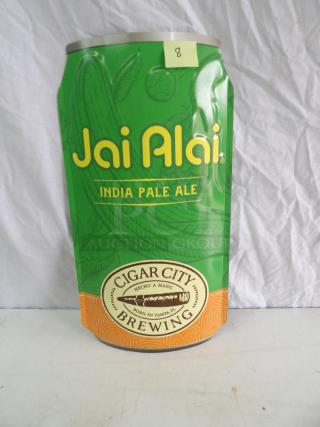 Jai Alai metal sign in green and orange, 22x26 inches, featuring "Jai Alai India Pale Ale" and "Cigar City Brewing" logos.