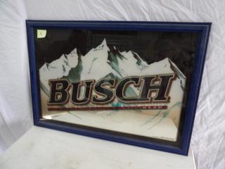 Busch mirror with mountain design, 32x23 inches, in blue frame. Features Busch Beer logo, excellent condition.