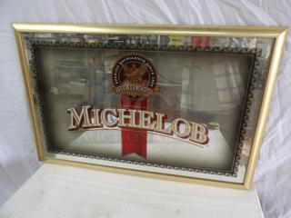 Framed Michelob mirror sign, 33x23 inches, featuring brand logo and gold trim. Excellent condition.