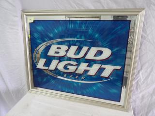 Bud Light mirror, 32x27 inches, with a silver frame and vibrant blue background. Excellent condition, ideal for collectors.