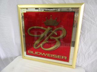 Budweiser mirror, 26x27 inches, gold frame, features large logo with crown on red background, excellent condition.