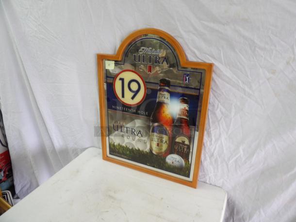 Michelob Ultra 19th Hole sign, 24x29 inches. Features two beer bottles, logo, and "Nineteenth Hole" text. Good condition.