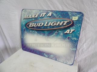 Bud Light tin sign, 30x24 inches, features blue and white graphics with "MAKE IT A BUD LIGHT AT." Good condition.