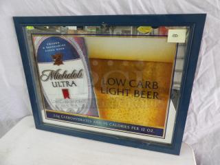 Framed Michelob Ultra sign, 26x21 inches, featuring large beer image, "Low Carb Light Beer" text, and brand logo. Slight wear.