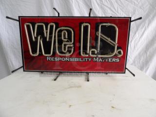 WE ID neon light sign, Budweiser branding, reads "Responsibility Matters," powers on with flickering, visible wear.