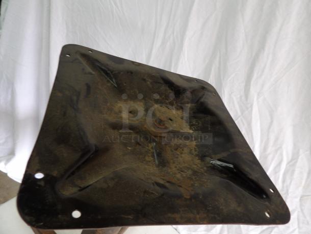 Metal table base with 11-1/2" square mounting platform, dimensions 22x30x29. Surface shows wear and rust, suitable for restoration.