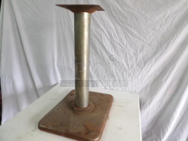 Metal table base with 9-1/2" square mounting platform. Dimensions 16x22x28x9.5, sturdy metal, used condition.