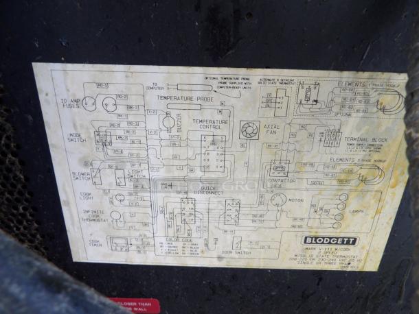 Blodgett MARK V commercial convection oven label, showing wiring diagram and specifications. Model: MARK V, 208/240V, 1 Phase.