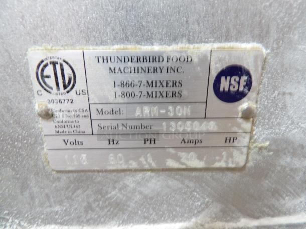 Thunderbird ARM-30N mixer label showing model, serial number, 115V, 1-phase, with ANSI/UL763 compliance and NSF certification.