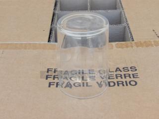 Libbey 10oz. water glass on cardboard marked "Fragile Glass" indicating delicate handling; pristine condition.
