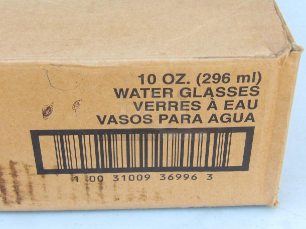 Libbey Glassware 10oz water glasses box, 42 units. Features multilingual label and barcode. Box in good condition.