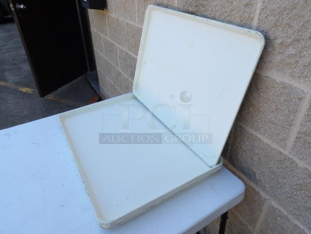 18" x 26" white fiberglass display tray, gently used, slight scuff marks visible, ideal for market displays.