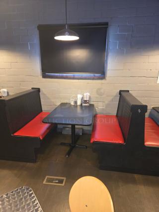 Solid wood single booth with red removable cushions, excellent condition, paintable finish.