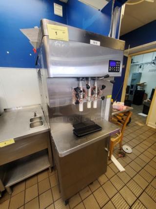 Stoelting DQU431-40912 soft serve freezer, stainless steel, dual 8-gal hoppers, remote air cool, 208/230V, excellent condition.