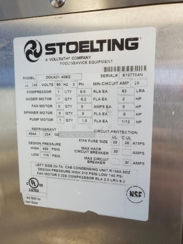Stoelting DQU431-409I2 soft serve freezer label, showing model, voltage, and certification details, NSF marked.