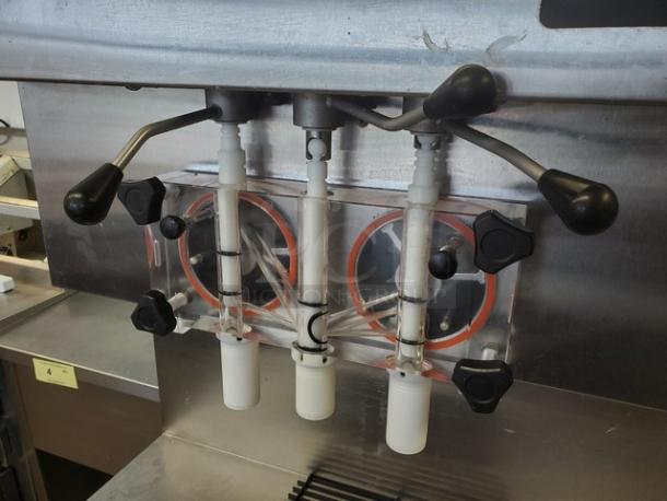 Stoelting DQU431-409I2 soft serve freezer with two 8-gallon hoppers, remote air cool, 208 230/3 V, stainless steel, used.