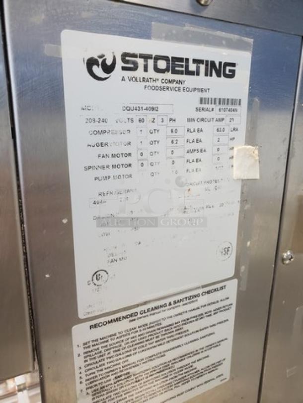 Stoelting DQU431-409I2 soft serve freezer label, 208-230/3 V, with cleaning instructions and model information.