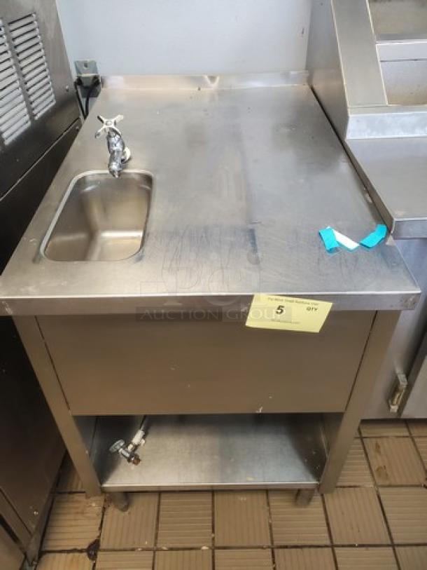 Seelye Craftsmen Stainless Steel Workstation w/ Sink, Model 132-003 L, shows minor scratches, includes tap and under-shelf.