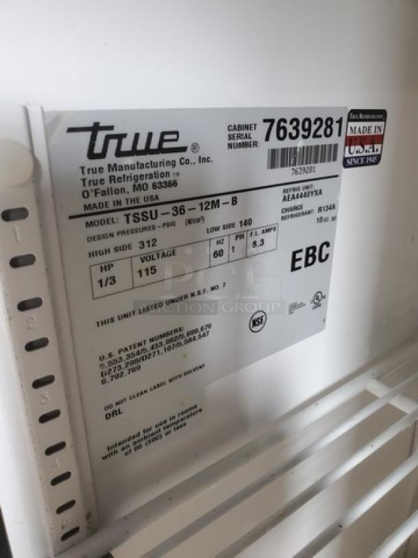 True TSSU-36-12M-B Mega-Top Sandwich/Salad Unit label; model, specs, and serial.