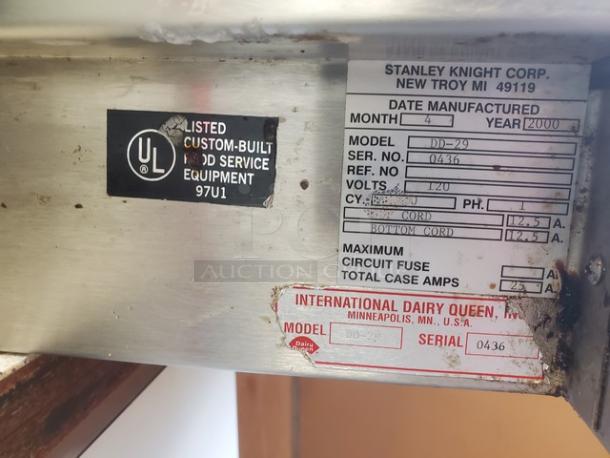 International Dairy Queen DD29 Double Level Food Warmer, UL listed, model DD29, serial 0436, manufactured by Stanley Knight Corp in 2000.