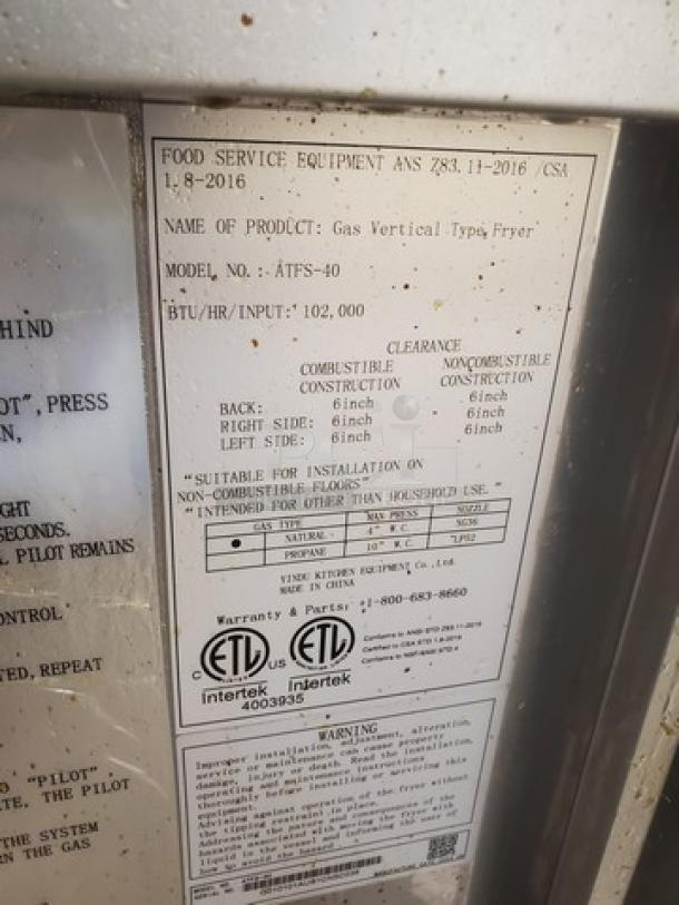 Atosa ATFS-40 deep fryer label showing product details, model number, BTU/hr input, and installation information.