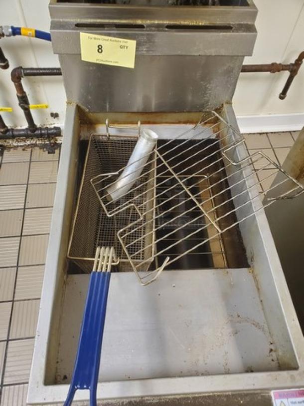 Atosa ATFS-40 deep fryer, 40 lb capacity, includes basket and accessories, stainless steel, good condition, model tag visible.