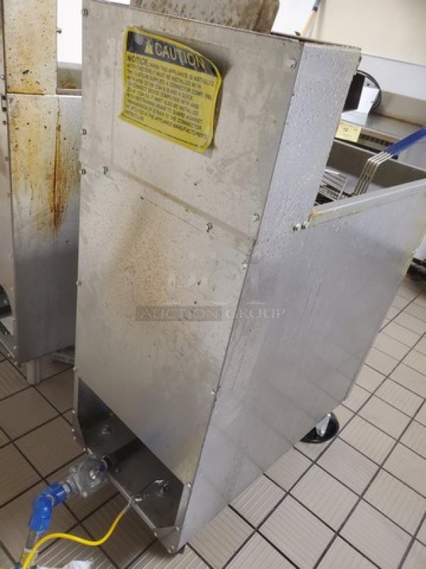 Atosa ATFS-40 40 LB deep fryer, stainless steel, rolling wheels, caution label, used condition, visible wear.
