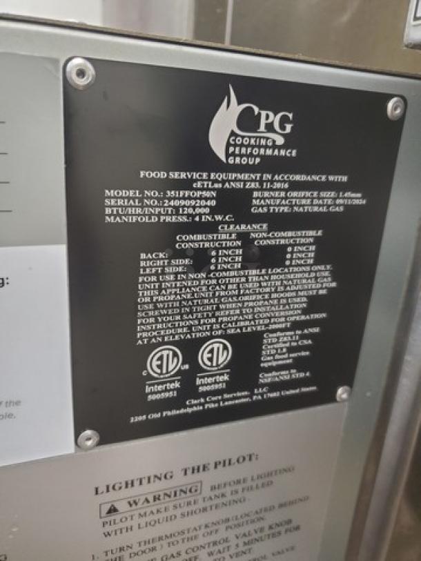Cooking Performance Group FFOP50 stainless steel fryer label, 120,000 BTU, natural gas, open pot, 50 lb. capacity.