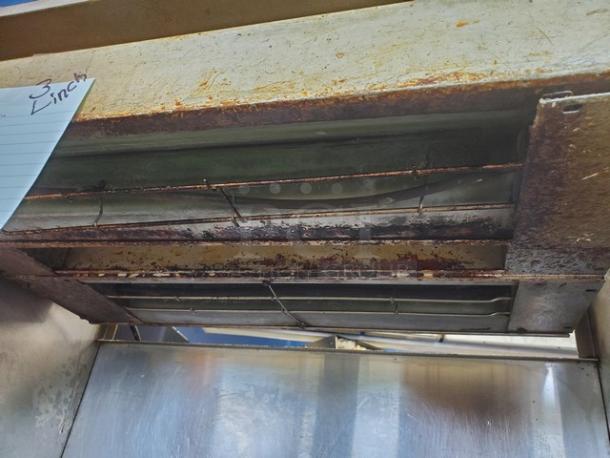 Fried Food Holding Station ORAH-24D, stainless steel, visible wear and rust, heating elements, handwritten "3 inch" note.