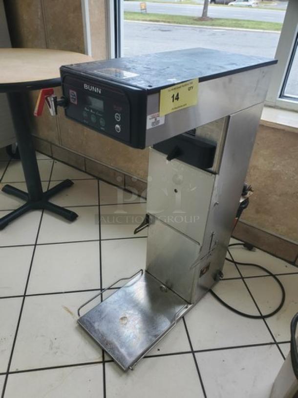 BUNN 35700.0419 ITCB-DV Brewer for Coffee and Tea, stainless steel, digital control panel, visible wear, power cord attached.