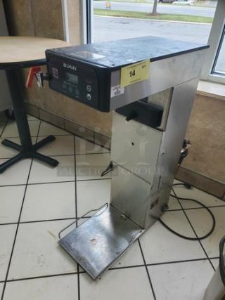 BUNN 35700.0419 ITCB-DV Brewer for Coffee and Tea, stainless steel, digital control panel, visible wear, power cord attached.