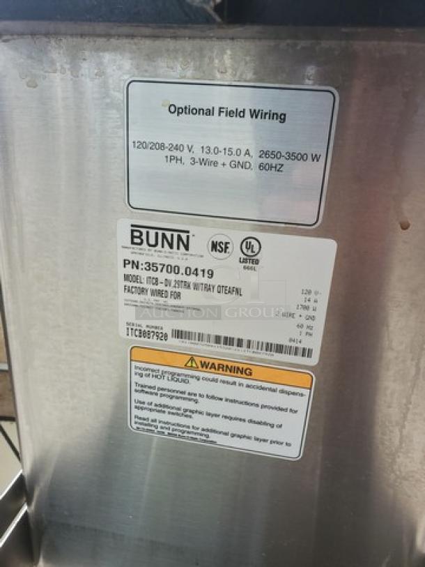 BUNN ITCB-DV brewer for coffee and tea, model 35700.0419, factory wired, visible labels with wiring specifications.