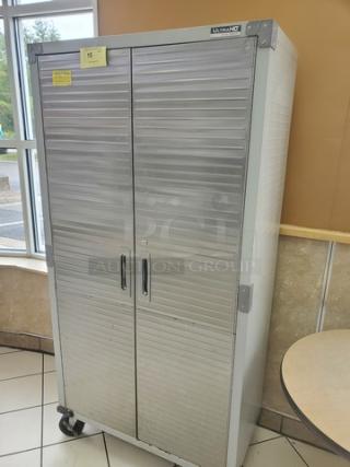Seville Classics UltraHD Storage Cabinet, metal, dual-door, on wheels, model UltraHD, sturdy condition with visible logo.