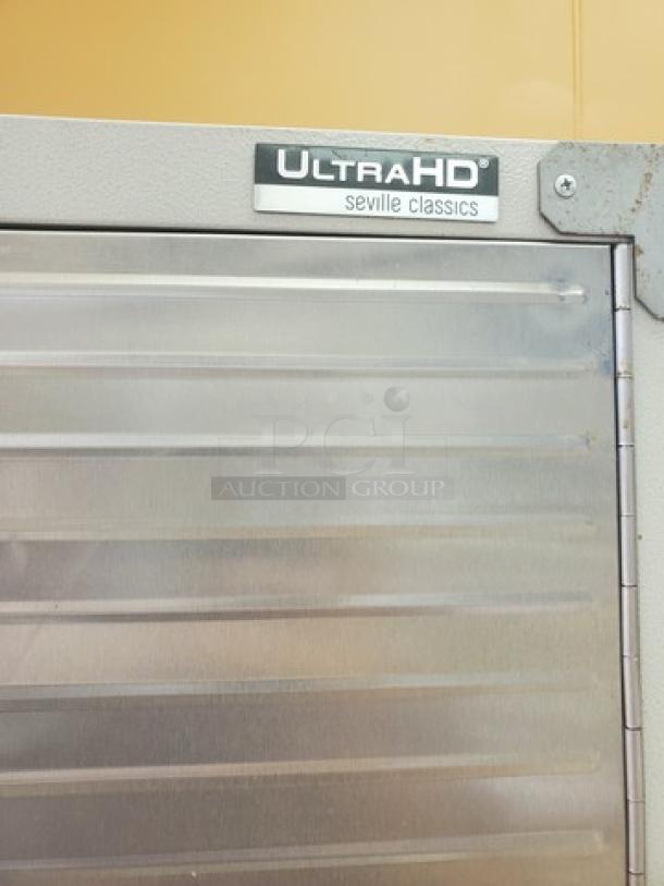 Seville Classics UltraHD Storage Cabinet, stainless steel, visible UltraHD label, sturdy design, slight edge wear.