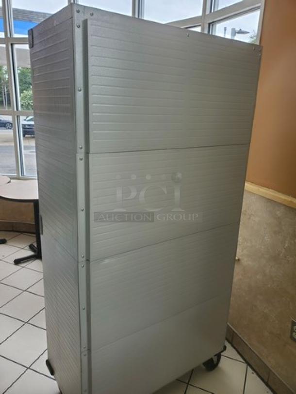 Seville Classics UltraHD Storage Cabinet, silver, wheeled, metal construction, suitable for garage or workshop use.
