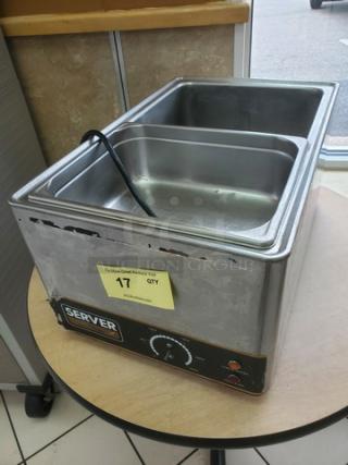 Server FS-20SS 90020 steam table pan warmer, stainless steel, good condition, visible control panel, power cable attached.