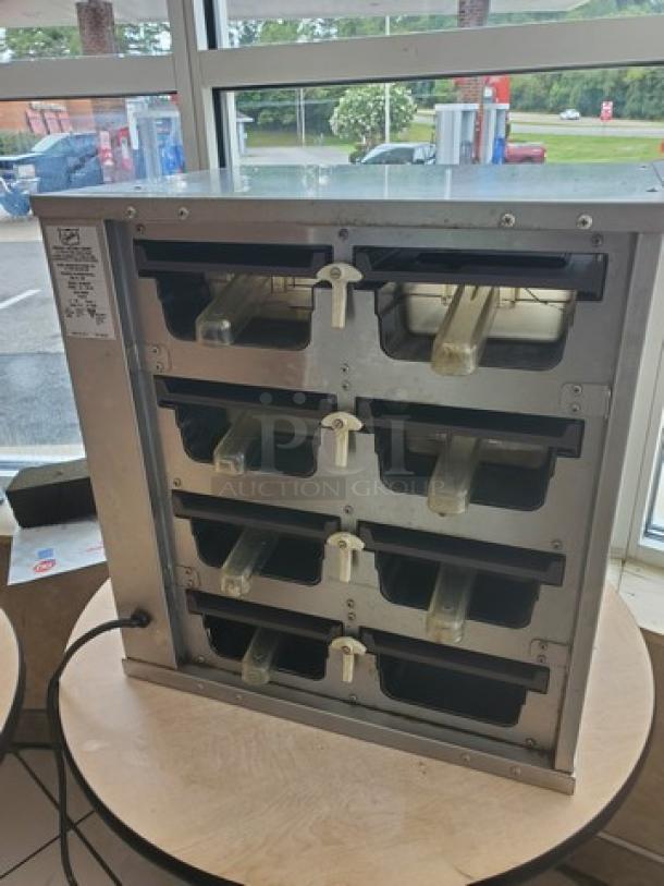 Duke FWM3-42-120 M pass-through heated food warmer holding cabinet, six compartments, stainless steel, good condition.