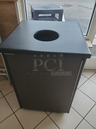 Lot of 2 wooden waste receptacles, gray finish, square design, circular opening on top, suitable for indoor use.