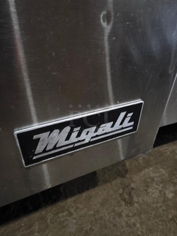 Migali Sandwich Prep Table, Model C-SP48-12-HC, stainless steel, features "Migali" logo, accommodates 12 pans.